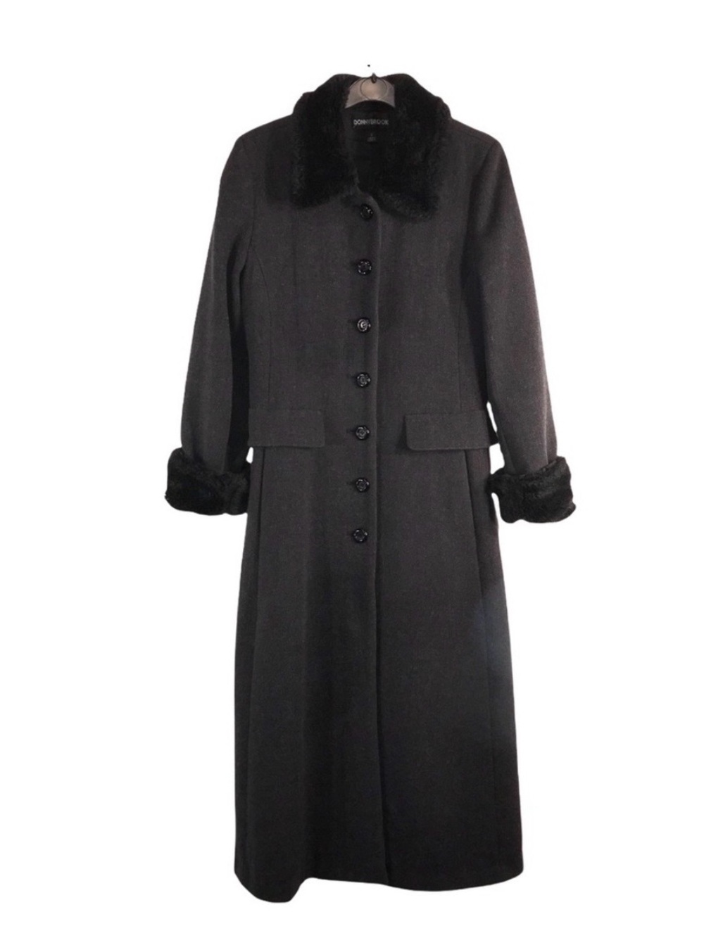 Vintage Black Long Wool Coat with Faux Fur Trim